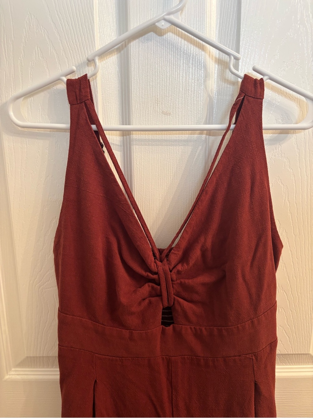 ANRABESS Rust Red Linen Blend Wide Leg Jumpsuit Deep V Smocked Back L - Picture 5 of 13